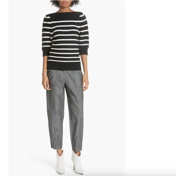 La Vie Rebecca Taylor Puff Sleeve Stripe Sweater in Black and White L NWOT - Picture 1 of 12